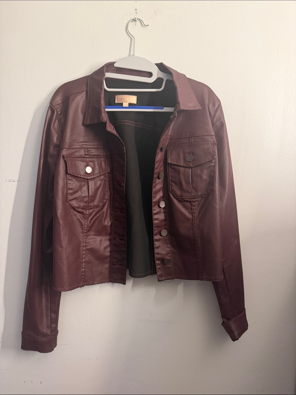 KUT from the Kloth Burgundy Faux Leather Cropped Trucker Jacket Size L